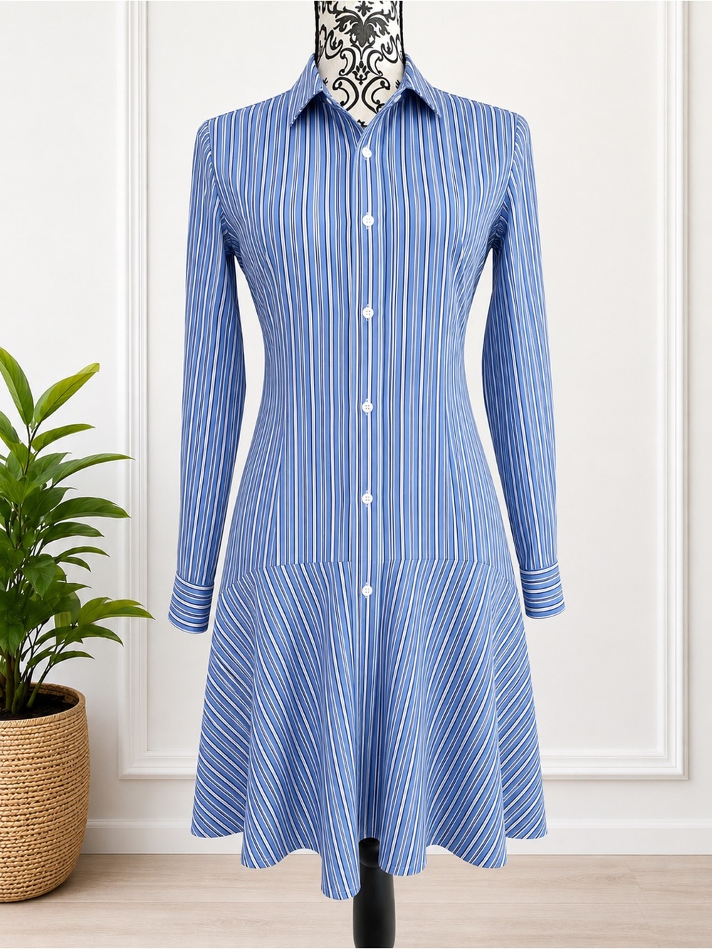 Polo Ralph Lauren Women’s Blue White Striped Drop Waist Ruffle Hem Shirt Dress